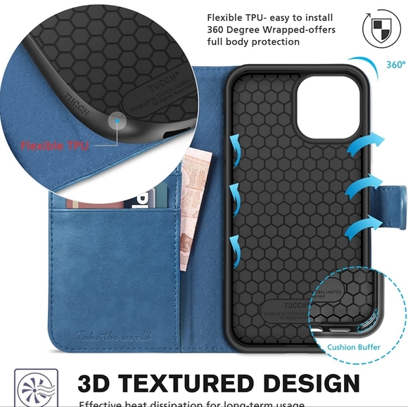 TUCCH Wallet Case for iPhone 13 Pro 5G RFID Blocking Lake Blue New - Picture 6 of 11
